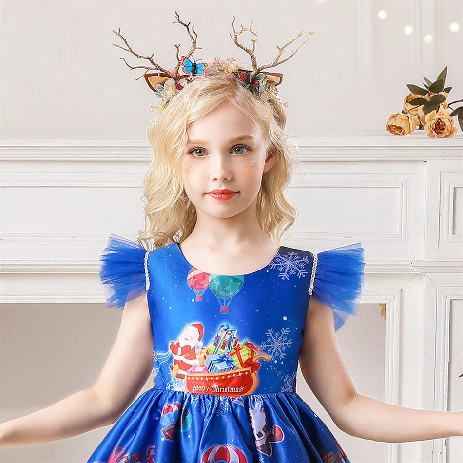 Girls Kids New Year Party Santa Claus Snowman Print Cosplay Costume Xmas Princess Theme Party Dress