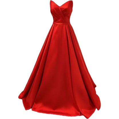 Women Strapless Simple Satin A Line Evening Party Formal Gown Corset Pleat Sweetheart Long Prom Dress w/Pocket