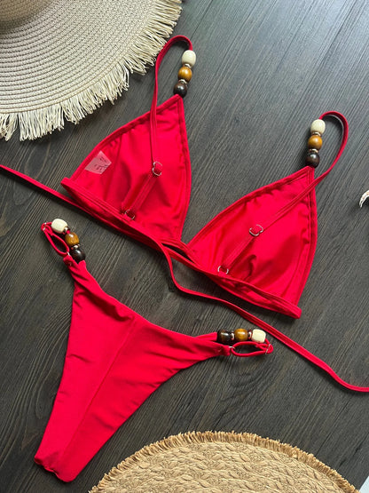 Sexy Women Pearls Strap Hole Out Push Up Bra Thong Swimsuit Brazilian Beach Bathing Micro Bikini Suit