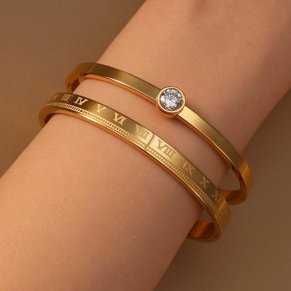 Women Roman Numeral 18k Gold Color Stainless Steel Zircon Bracelet Bangles