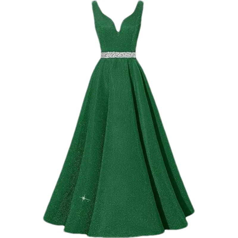 Women Glitter Satin Prom Long Corset V-Neck Beaded Belt Formal Evening Party Dress w/ Pockets