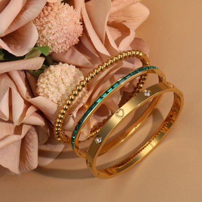 Women 18k Gold Plated Stainless Steel Green Zircon Bangles Bracelet Set Gift.