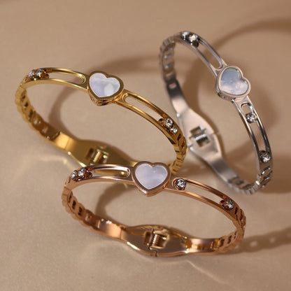 Luxury Heart-Shaped Shell Zircon Design 18K Gold-Plated Stainless Steel Bracelet Bangles