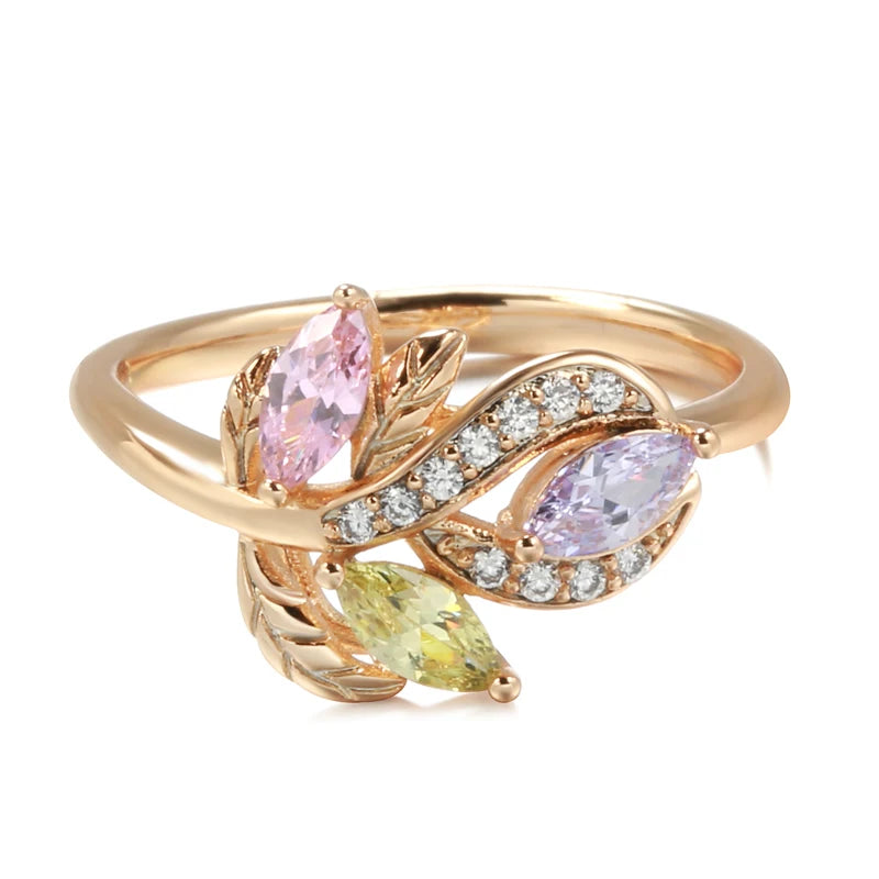 Women Colorful Crystal Flower Romantic 585 Rose Gold Bride Wedding Rings