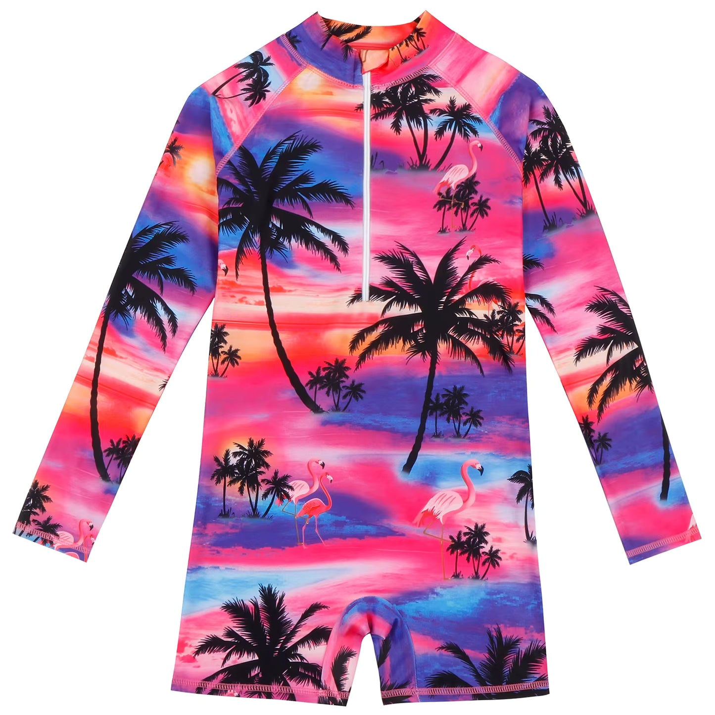 Girls Kids One-Piece Long Sleeve Hawaii Print Beach Boyleg Shorts Swimming Swimsuit