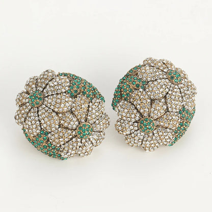 Vintage Rhinestones Sunflower Flower Petals Green Oval Antique Stud Earrings