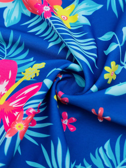 Girls Kids One-Piece Long Sleeve Plants Print Beach Swimwear Boyleg Shorts Swimsuit