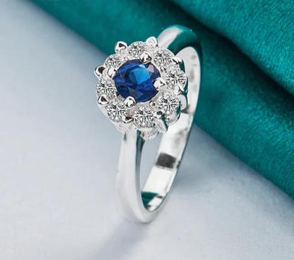 925 Sterling Silver Bule Round Zircon Women Man Fashion Wedding Engagement Party Charm Ring