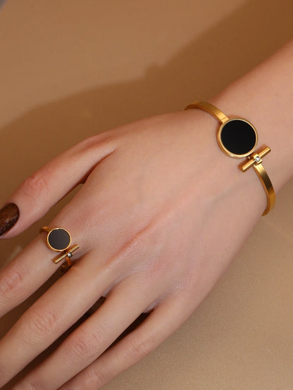 Women 2-In-1Black Acrylic Zirconia Stainless Steel Ring Bangle Bracelet Gifts Set