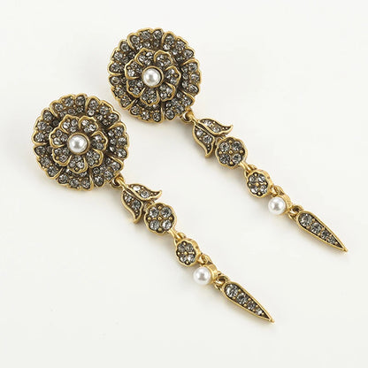 Vintage Luxury Camellia Rose Flower Designer White Rhinestones Layer Antique Indian Long Drop Dangle Earrings