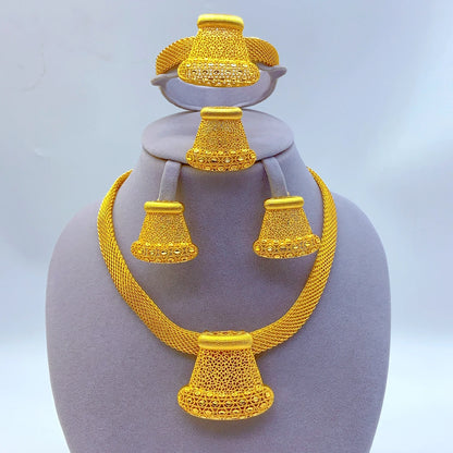 African Indian 24K Gold Plated Women Dubai Wedding Necklace Earrings Bracelets Ring Jewelry Sets