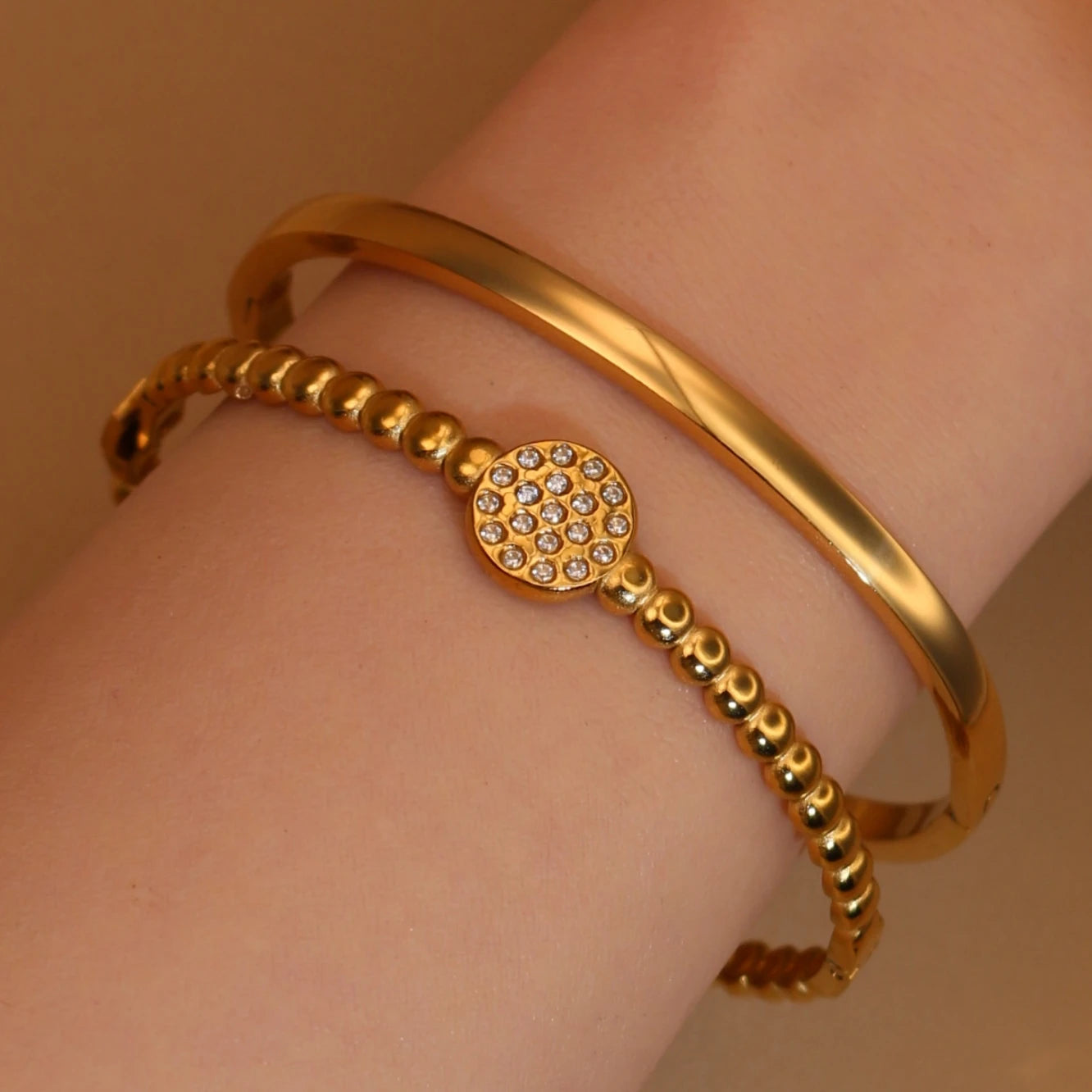 Women Fashion 2-in-1 Plated 18K Gold Zircon Stainless Steel Designer Bracelet Bangle