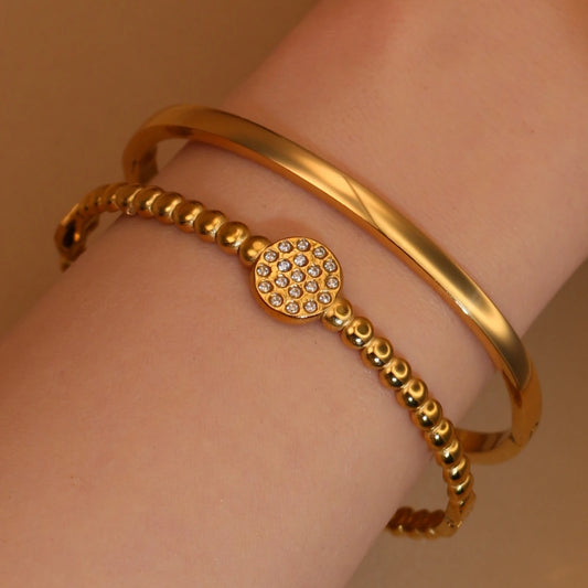 Women Fashion 2-in-1 Plated 18K Gold Zircon Stainless Steel Designer Bracelet Bangle