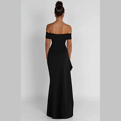 Women Off-shoulder Ruffled Thigh High Split Maxi Slash Neck Backless Bodycon Party Evening Dress