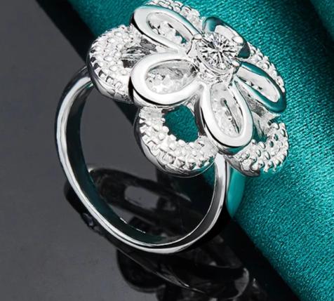 925 Sterling Silver Big Flower Zircon Women Man Fashion Wedding Engagement Party Charm Ring