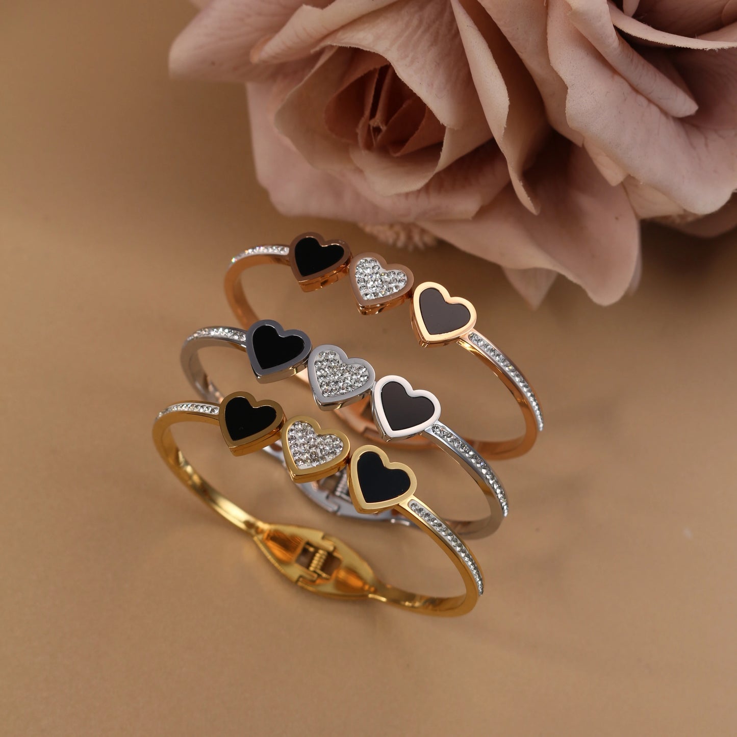 Stainless Steel Double Row Crystals Heart-Shaped Designs Open Clasp Charm Bangle Bracelet
