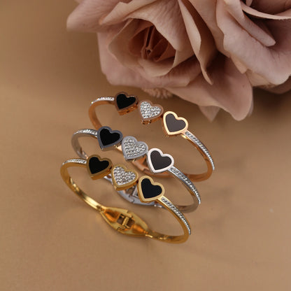 Stainless Steel Double Row Crystals Heart-Shaped Designs Open Clasp Charm Bangle Bracelet