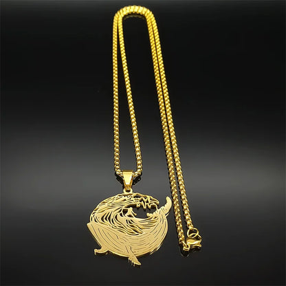 Whale Surf Riding Women Men Stainless Steel Gold Color Chain Necklace Pendant