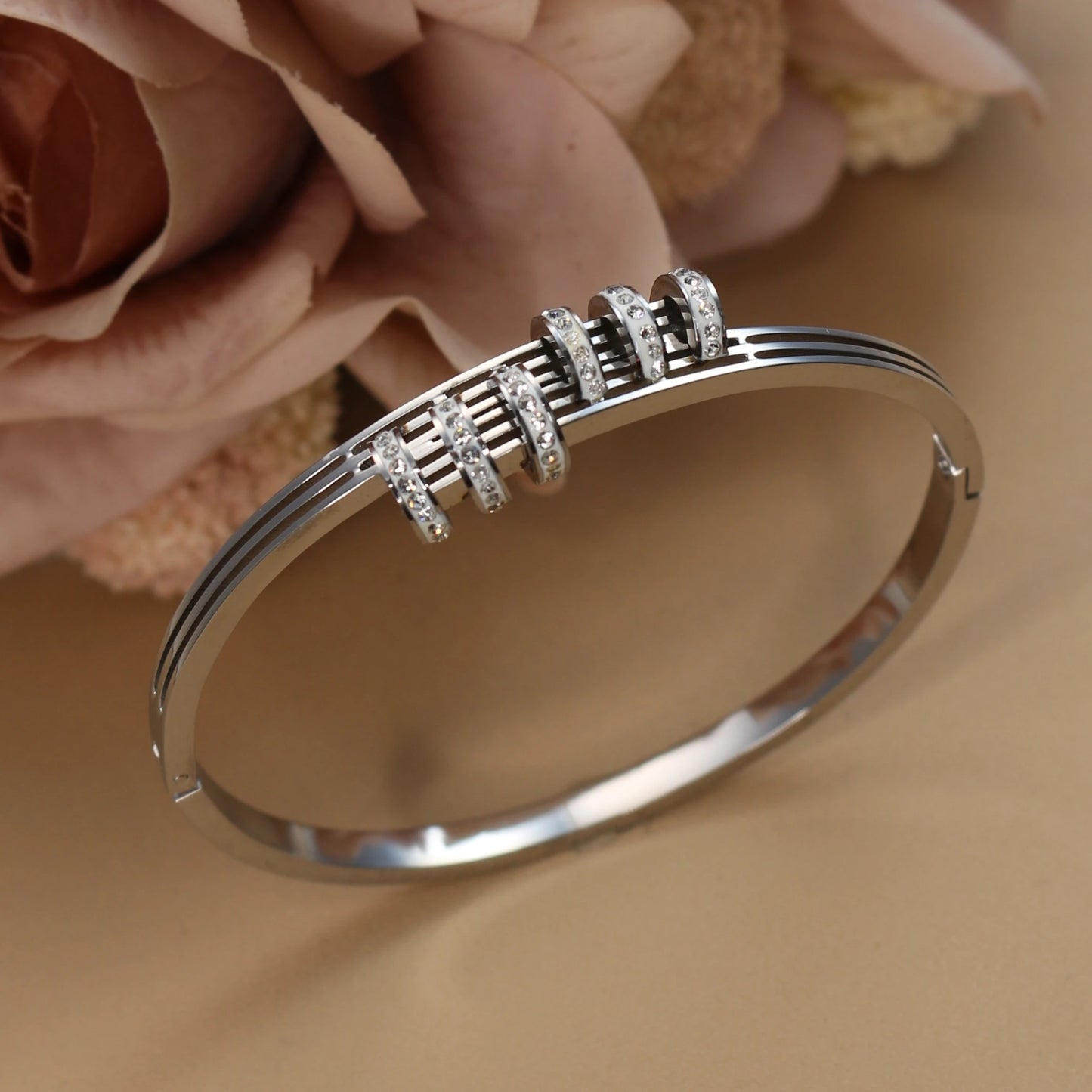 Women's Love Stainless Steel Crystal Bracelets Half Face Hollow Design Bracelet Bangle Jewelry Gifts