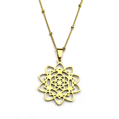 Sacred Geometry 7 Chakra Metatron Stainless Steel Flower of Life Gold Color Chain Necklace