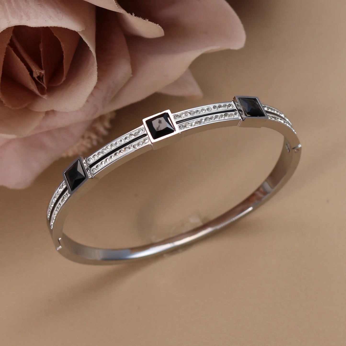 Stainless Steel Double Row Crystals Heart-Shaped Designs Open Clasp Charm Bangle Bracelet