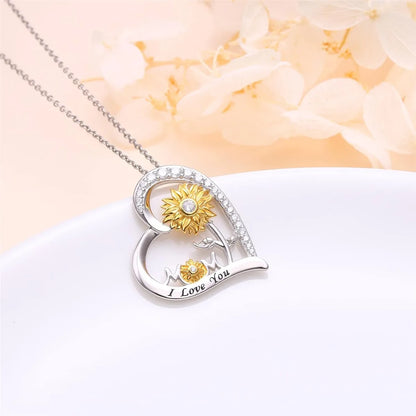 Women Elegant Exquisite Heart Shaped Sunflower "Mom" Pendant Necklace Mother's Day Gift