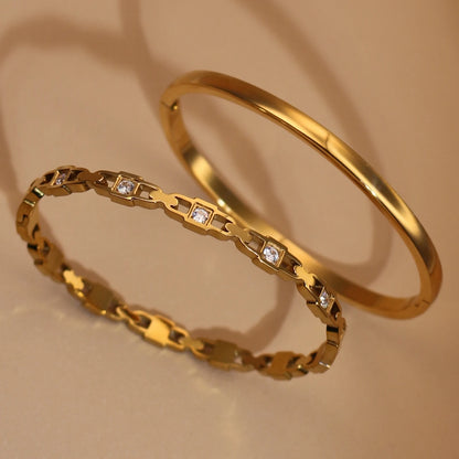 2-in-1 Geometric Zircon Design 18K Gold Plated Stainless Steel Bracelet Bangle