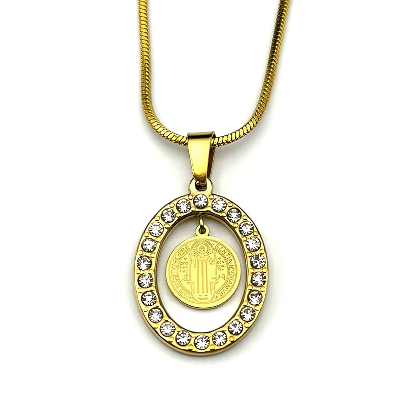 Women Men Catholic Saint Benedict Snake Stainless Steel Rhinestone Gold Color Medal Chain Necklace