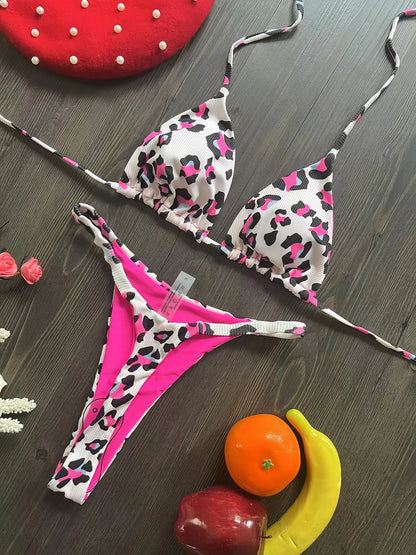 Women's Bikini Split Print Swimwear Fashion G-string Beach Swimsuit Suit