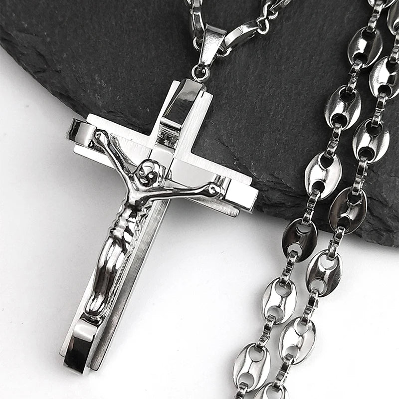 Men Stainless Steel Gold Color Christian Jesus Cross Crucifix Pendant Necklace