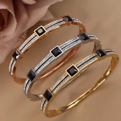Stainless Steel Double Row Crystals Heart-Shaped Designs Open Clasp Charm Bangle Bracelet