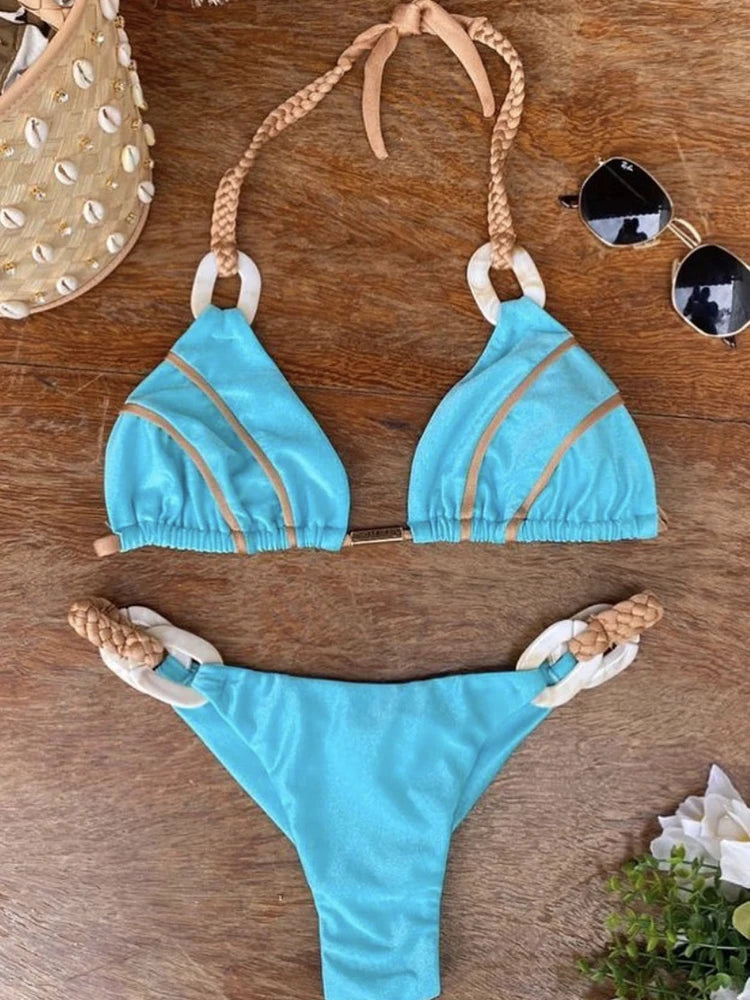 Women Bandeau Bikini Swimwear Push Up Thong Patchwork Swimsuit Backless Bathing Suit