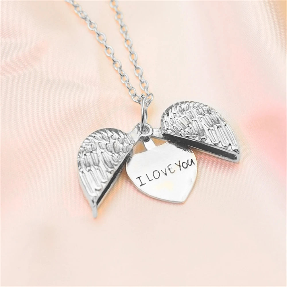 Trendy Heart Angel Wings Open Romantic "I Love You" Pendant Necklace