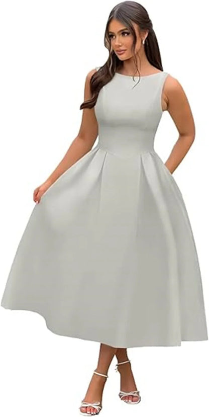 Simple Elegant O-Neck Satin Midi Prom Tea Length Backless A Line Formal Evening Party Bridal Dress w/ Pockets