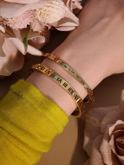 Stainless Steel 18K gold plated Roman Numeral Bracelet Bangles Ring 2-in-1 Jewelry
