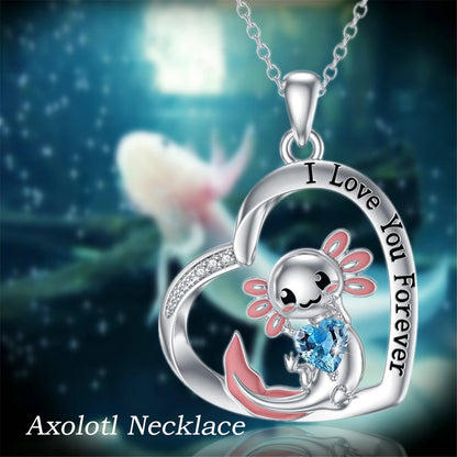 Women Fashion Cute Blue Crystal Axolotl Heart Necklace Gifts