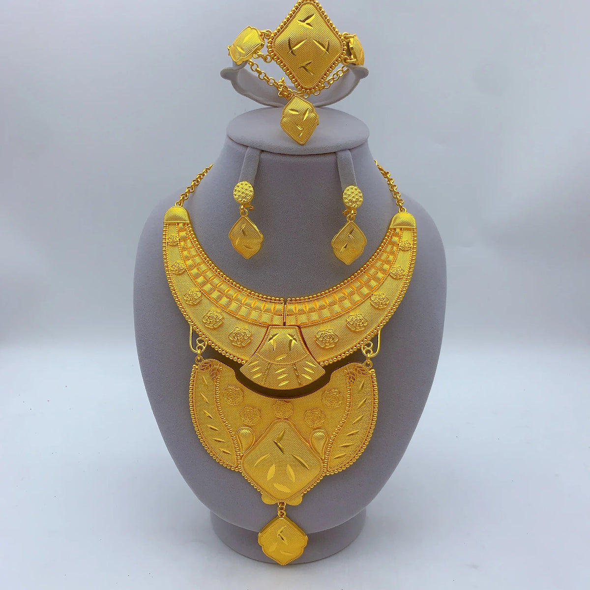 African Dubai Big 24K Gold Plated Women Wedding Indian Brazilian Pendant Necklace Earrings