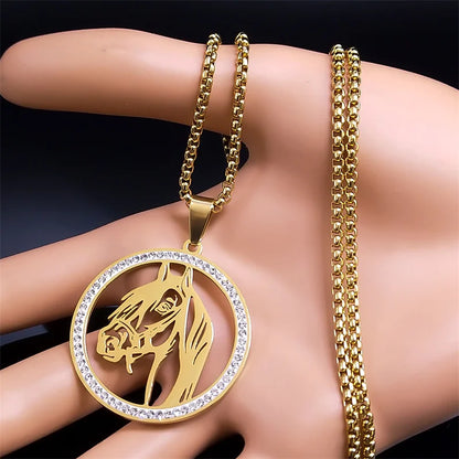 Men Women Stainless Steel Crystal Animal Chain Horse Head Pendant Necklace