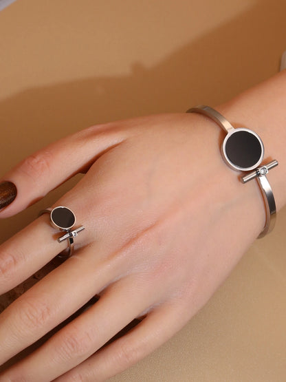 Women 2-In-1Black Acrylic Zirconia Stainless Steel Ring Bangle Bracelet Gifts Set