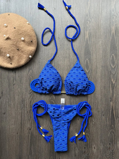 Women's two-piece set w/ push up hanging neck solid color bikini beach swimsuit