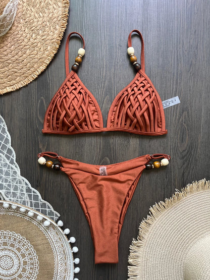 Sexy Women Pearls Strap Hole Out Push Up Bra Thong Swimsuit Brazilian Beach Bathing Micro Bikini Suit
