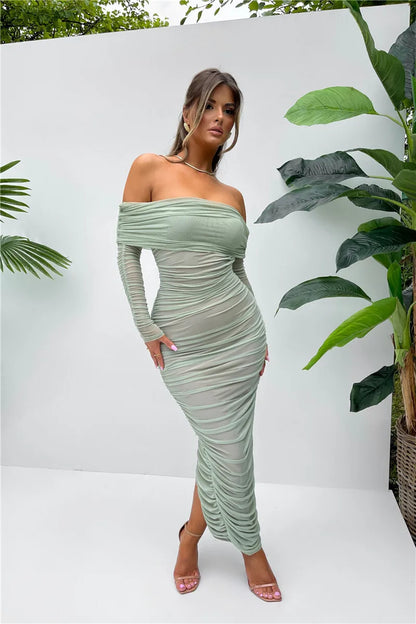 Women Off-shoulder Long Sleeve Sexy Maxi Strapless Backless Bodycon Ruched Party Long Dress