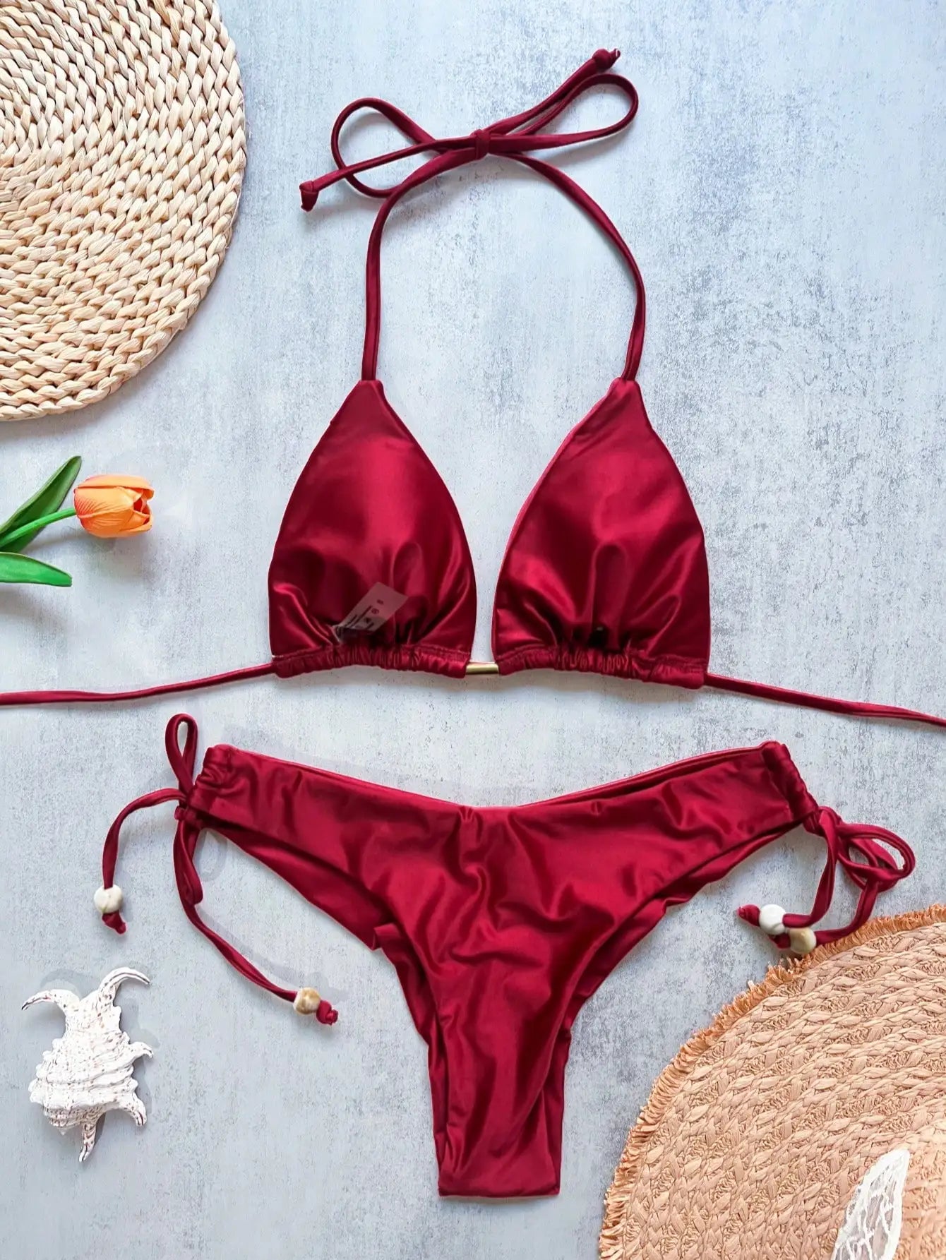 Solid Color Bikini Swimsuit Hanging Neck Rope Split Swimsuit 2-piece Beachwear Suit