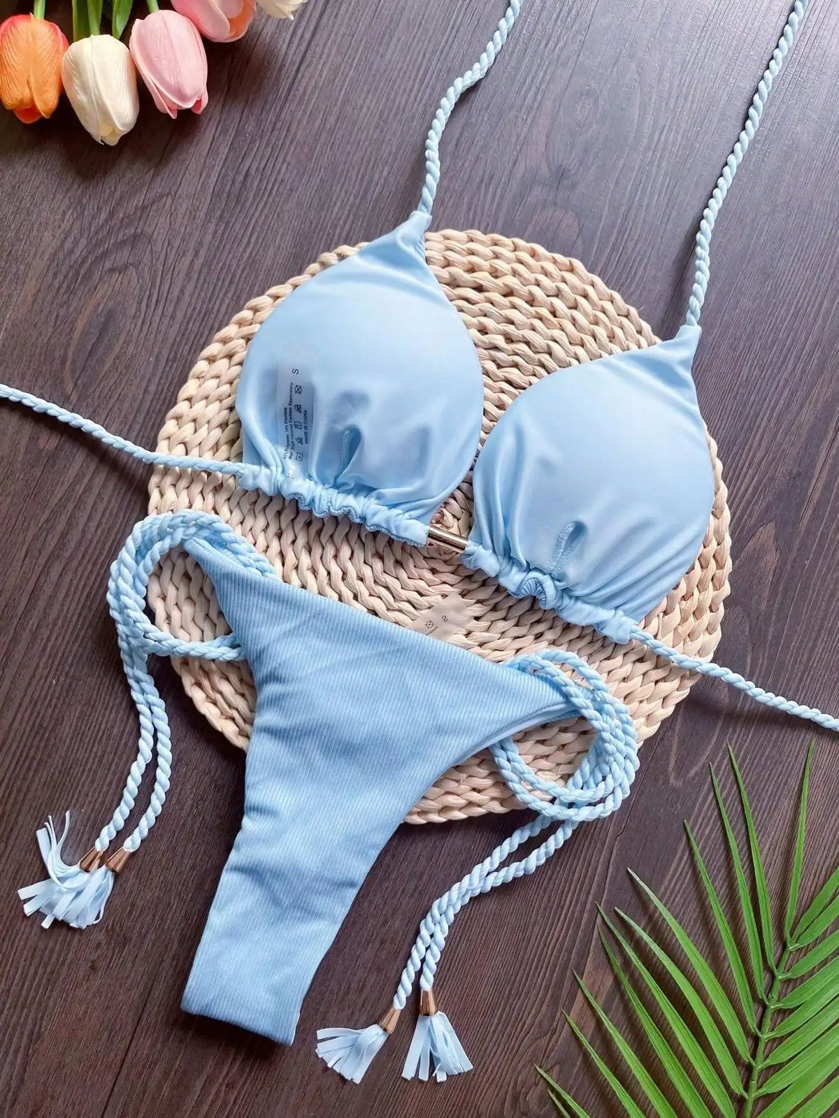 Women Swimsuit Braiding Rope Bikini Set Two-piece Triangle Solid Swimwear Bathing Suit Brazilian