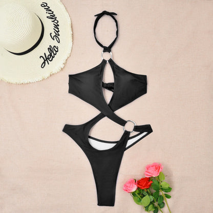 One-piece cross ring halter bandage hollow bikinis thong swimsuit bathing suit