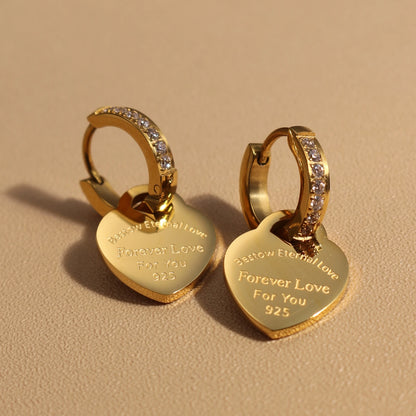 Women Heart Pendant Women Zircon Stainless Steel Gold Color Charm Earrings