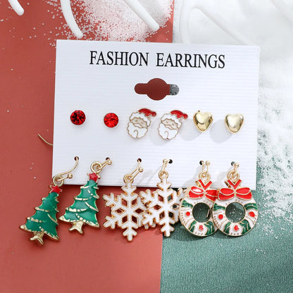 6 pairs/lot Kids Women Christmas Xmas Tree Elk Snowman Santa Claus Cute Stud Earrings Sets