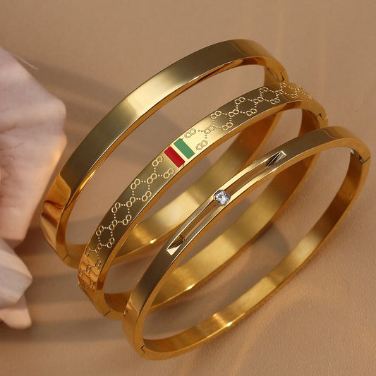 18K Gold Plated Stainless Steel Polished Zircon 50MM Bangles Bracelet