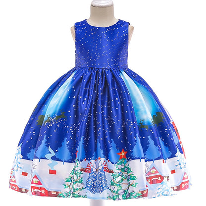 Kids Girls Princess Cartoon Santa Claus Snowflake Costume Xmas Party Print Dress