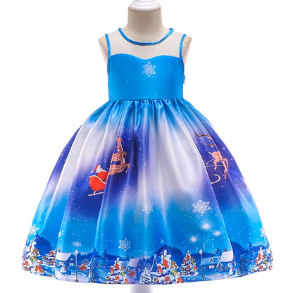 Kids Girls Princess Cartoon Santa Claus Snowflake Costume Xmas Party Print Dress